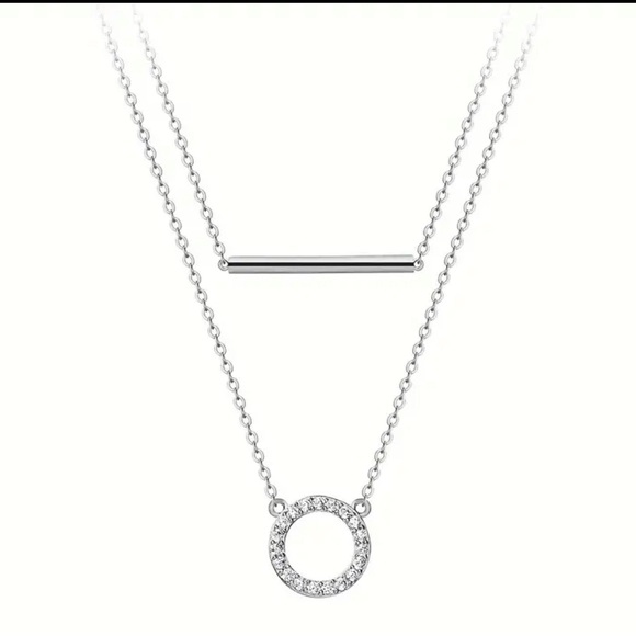925 Sterling Silver Double Layer Necklace With Hollow Circle Pendant - Picture 2 of 4